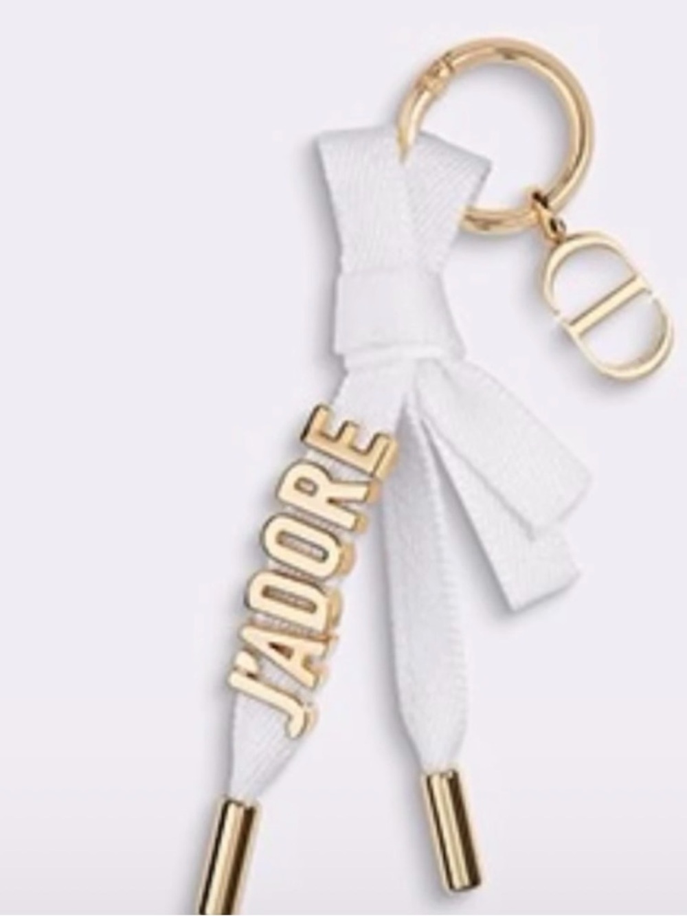 J'ADORE White Ribbon Keychain with Gold Hardware